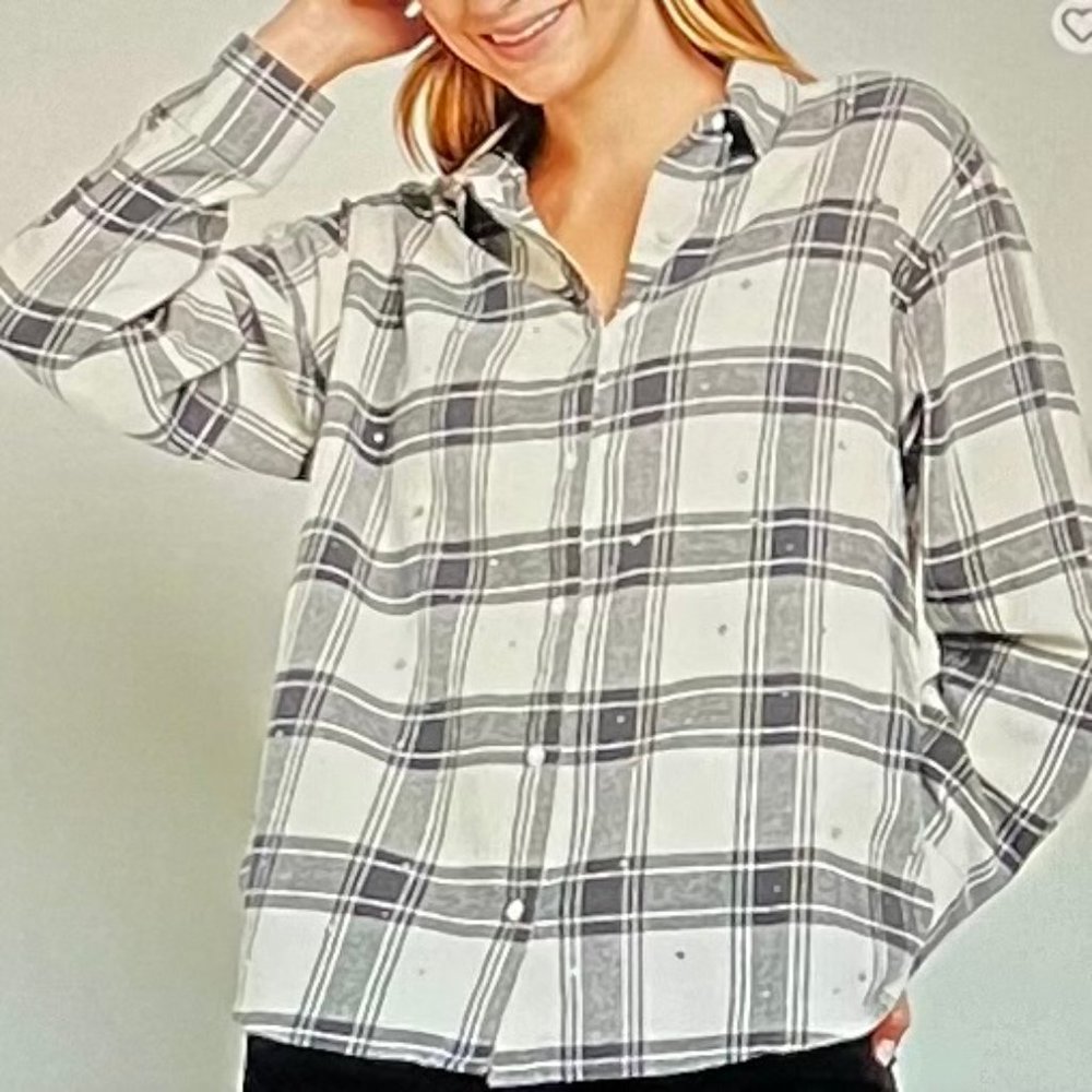 a.n.a. Rhinestone Cowgirl Flannel Shirt in Lana Plaid Cream (XL) New With Tag